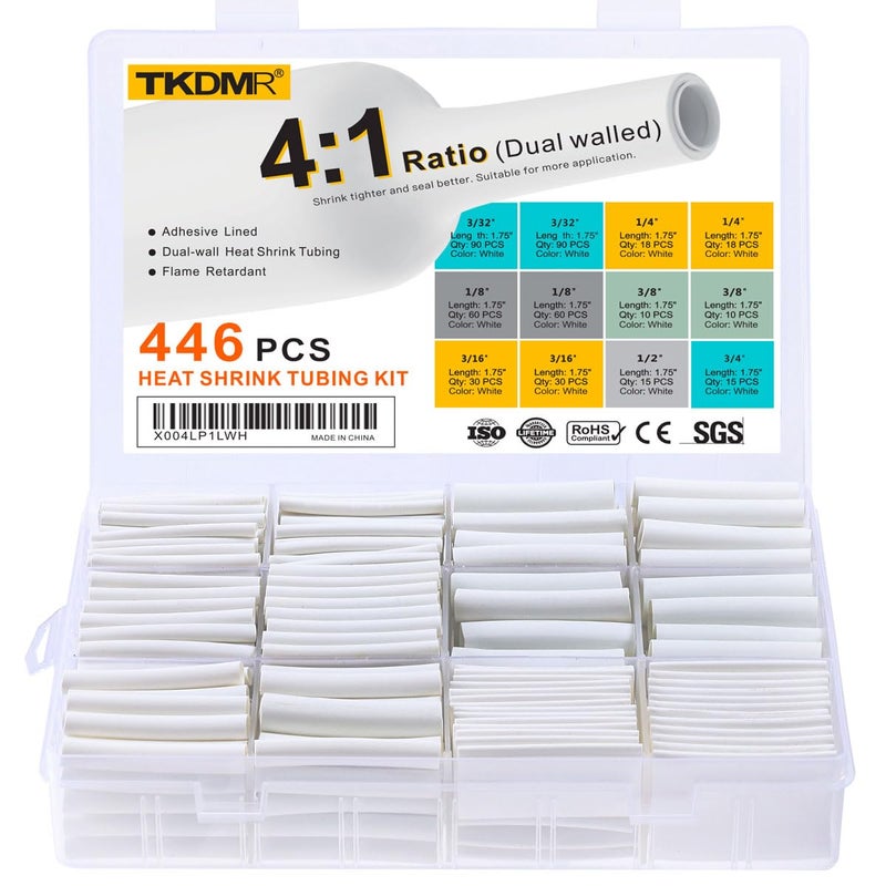 TKDMR 446 Pcs Heat Shrink Tubing Kit - 4:1 Ratio Adhesive Lined, Marine Grade Shrink Wrap,Industrial Heat Shrink Tubing,White - Image 1